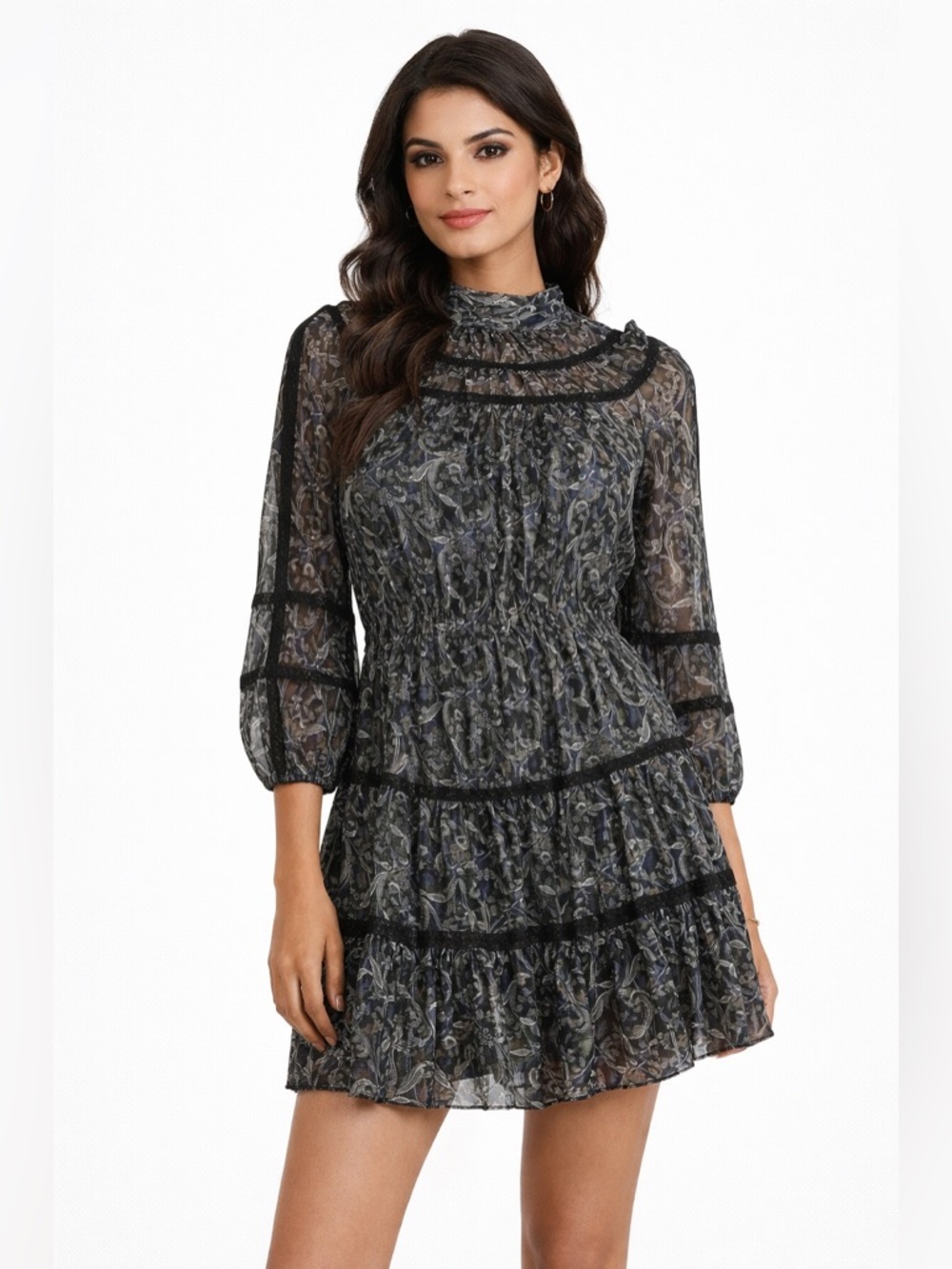 Veronica Beard “Rahla” Black Floral Long Sleeve Mini Dress ~ Sz 2 - Picture 2 of 7